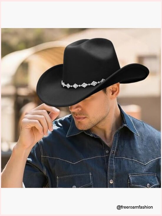 Rhinestone Western Cowboy Hat Suede Felt Wide Brim Unisex Foldable main image 7
